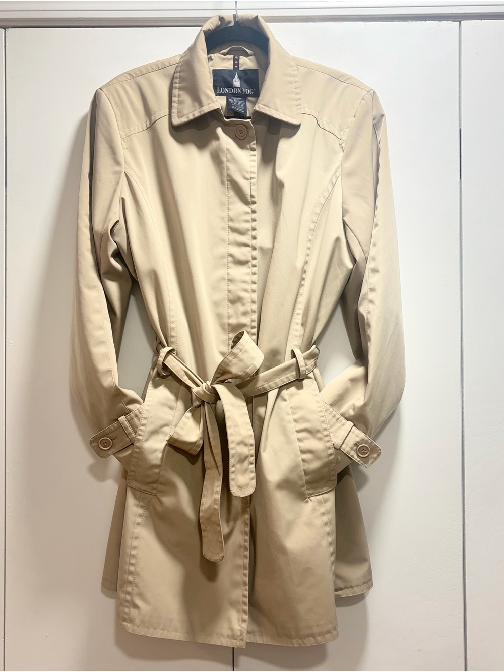 London Fog Khaki Belted Trench Coat XL Geo Floral Print Lining Mid Coat